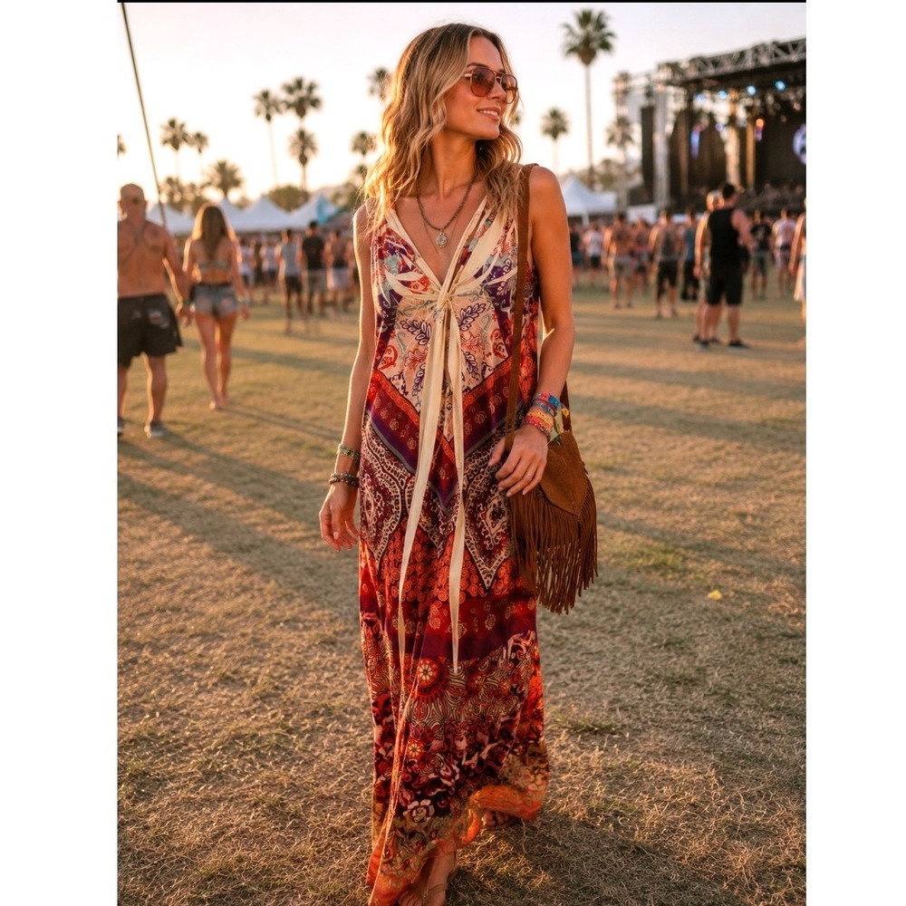 Y2k‎ VTG Boho Festival Paisley Maxi Dress V-Neck Macrame Back Burgundy Sz s